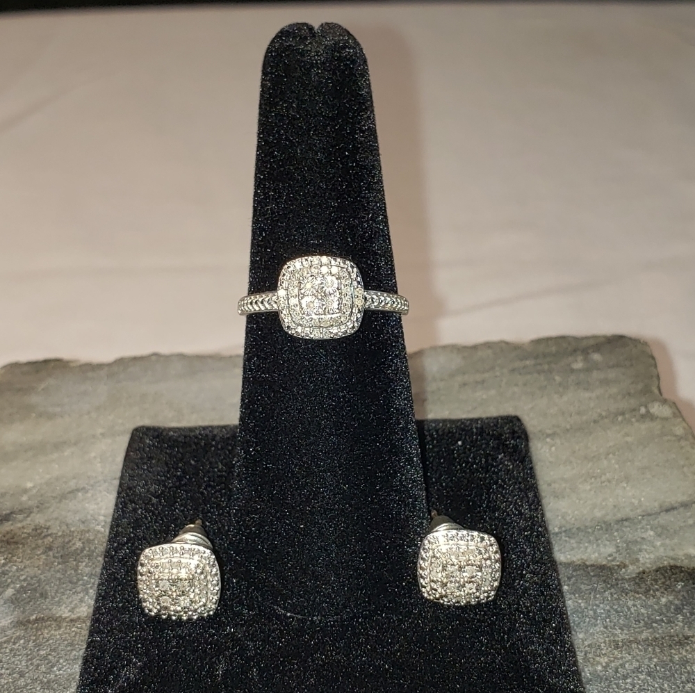 DIAMOND and sterling silver halo ring and halo earrings